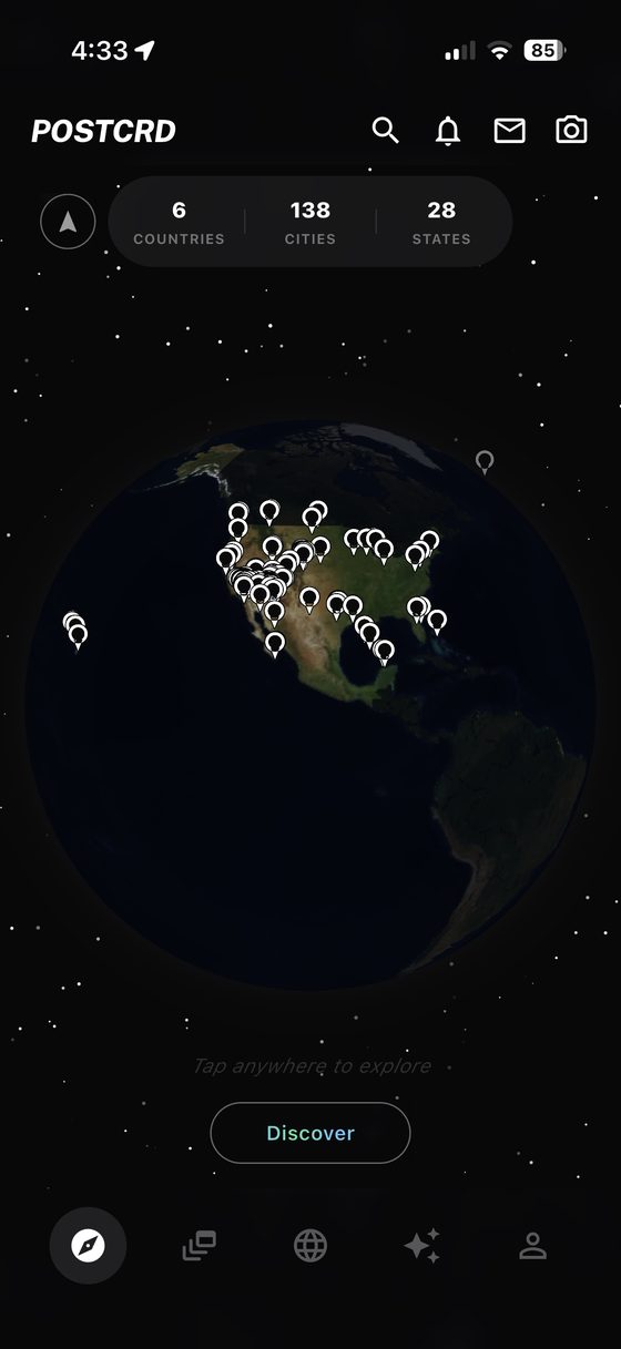 The Postcrd app: a globe pinned with every city visited, showing 6 countries, 138 cities and 28 states