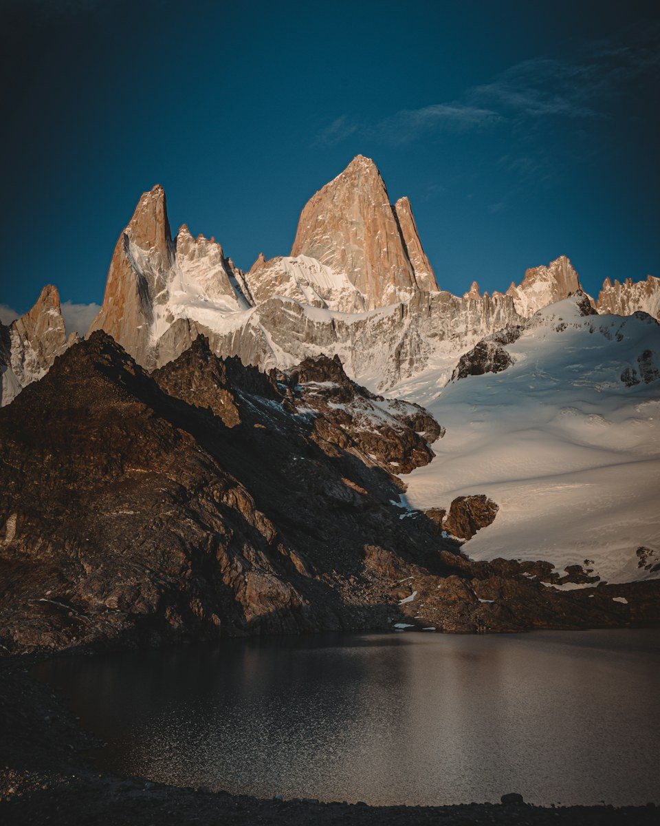 Fitz Roy at first light above a lake in Patagonia